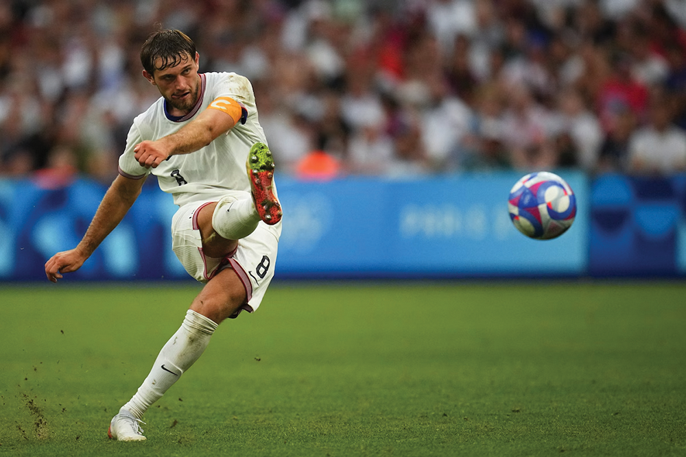 FC Dallas Academy product Tanner Tessman in action in the 2024 Paris Olympic Games | Photo courtesy of U.S. Soccer