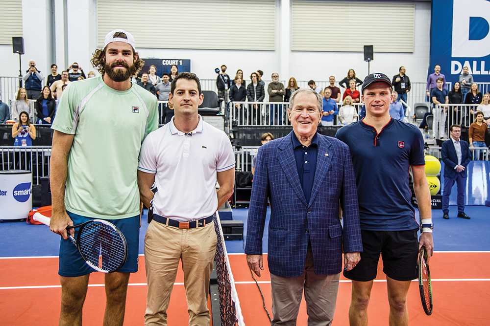 Former President George W. Bush performed the coin toss for the 2022  Dallas Open final match between Reilly Opelka and Jenson Brooksby | Photo Courtesy Alex Smith