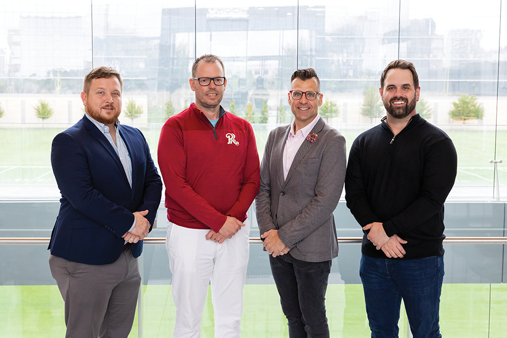 L to R: Program partner David Steele (Plug & Play Sportstech), Dr. Heere, Dr. Walker, Program partner Aaron Kastner (Dallas Cowboys)